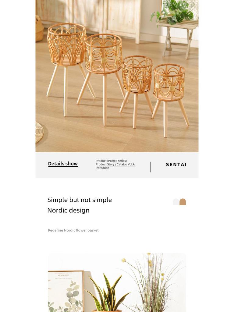 Triangle Floor-Standing Woven Rattan Flower Pot Stand