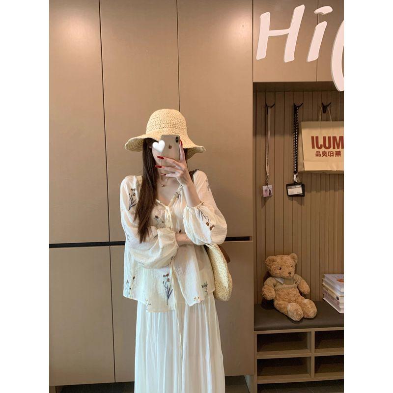 Kumikumi Gentle Style Apricot Embroidery Loose Shirts Women Clothes Summer Retro Thin Lace-up 3/4 Sleeve Top