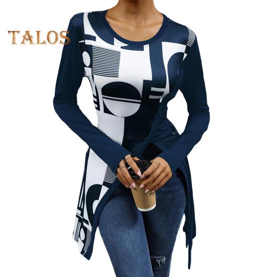 

Женские топы с круглым вырезом, длинным рукавом, геометрическим принтом, облегающей футболкой, боковыми разрезами, отделкой бретельками, топы средней длины S темно-синий