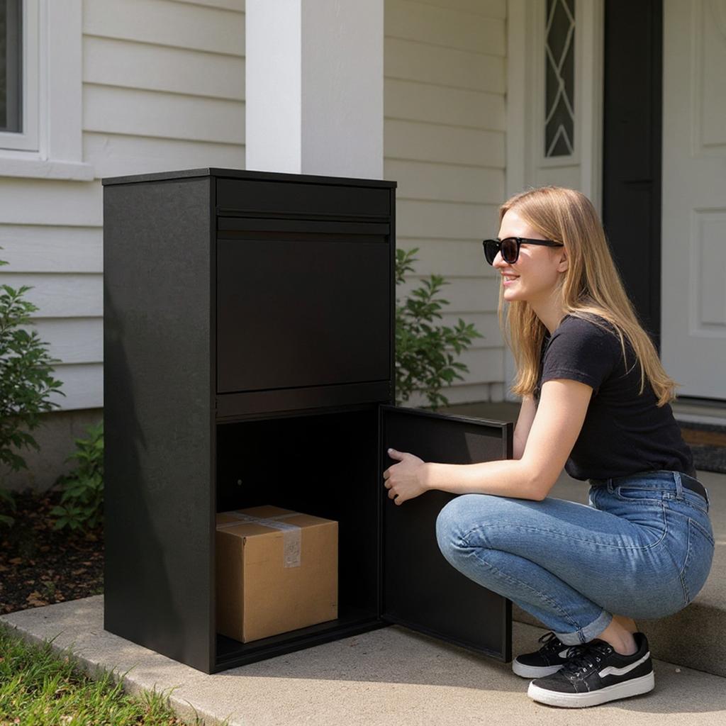 Black Metal Anti Theft Parcel Holder Large Capacity Lockable Design Waterproof Weatherproof Storage for Home Outdoor Delivery