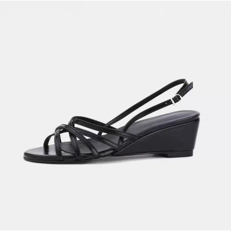 Cowhide version~ French niche wedge with thin strap open toe one-word strap sandals women's summer versatile beach sandals