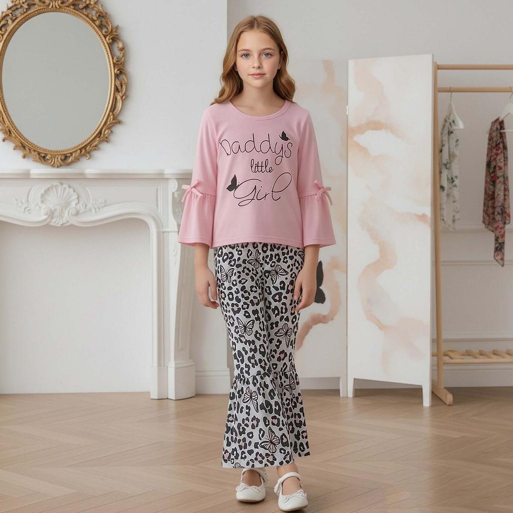Girls Spring Autumn Long Sleeve Two Piece Set Bowknot Letter Print Leopard Flared Pants Toddler Girls Outfits Kids Fashion Clothing