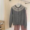 Women's Retro Color Block 100% Wool Cardigan - Round Neck Knit Jacquard Sweater for Autumn & Winter