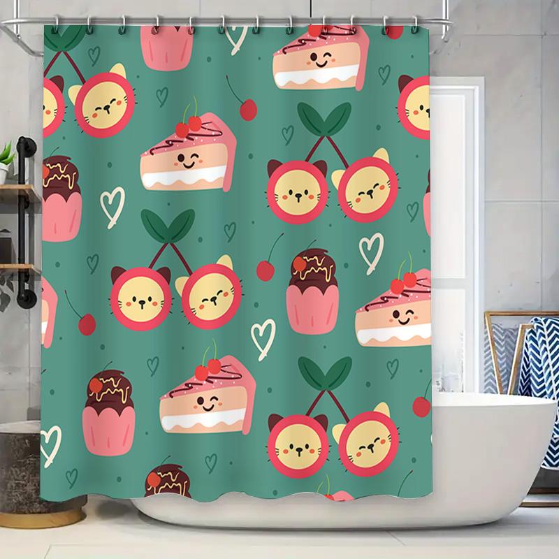 

Colorful Dessert Print Shower Curtain Cute Pink Cake Cherry Pattern For Bathroom Decor W60H190(CM)-1 Pcs