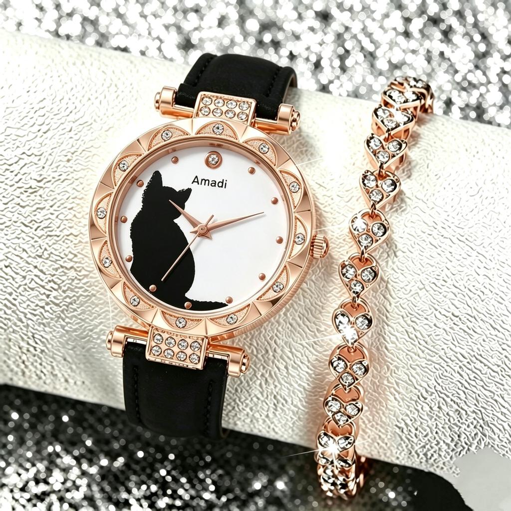 Women'S Diamond Quartz Watch Fashion Belt Watch Two-Piece Set Light Luxury Bracelet Set Women'S Watch