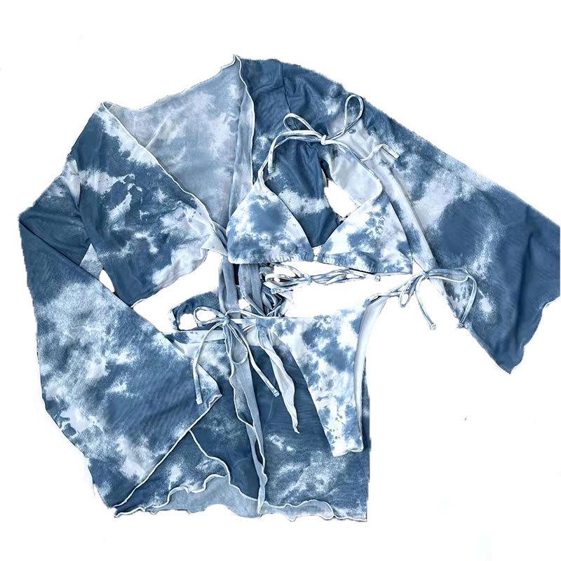 Women's Three-Piece Gradient Tie-Dye Swimsuit: Sexy Split Bikini & Long-Sleeve Shirt