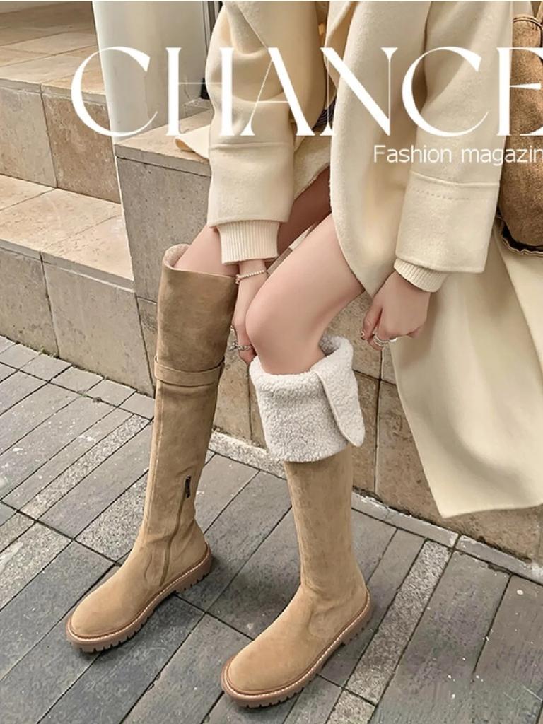 Long tube boots for women 2025 new autumn over knee snow boots knight boots with plush thick heels and slim boots
