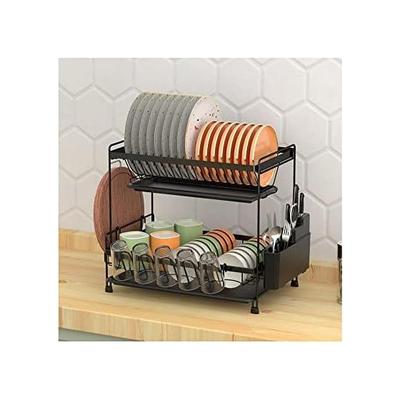 2-Tier Dish Drying Rack, Kitchen Storage Organizer with Chopstick Holder, Plate and Bowl Storage, Easy Assembly, High-Quality Carbon Steel, Large