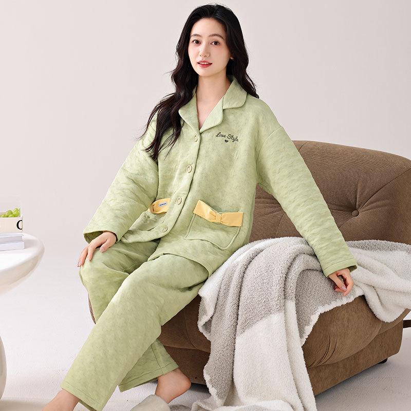 Pajamas Women'S Winter Thickened Pure Cotton Long-Sleeved Sandwich Air Cotton Autumn And Winter Loungewear Winter