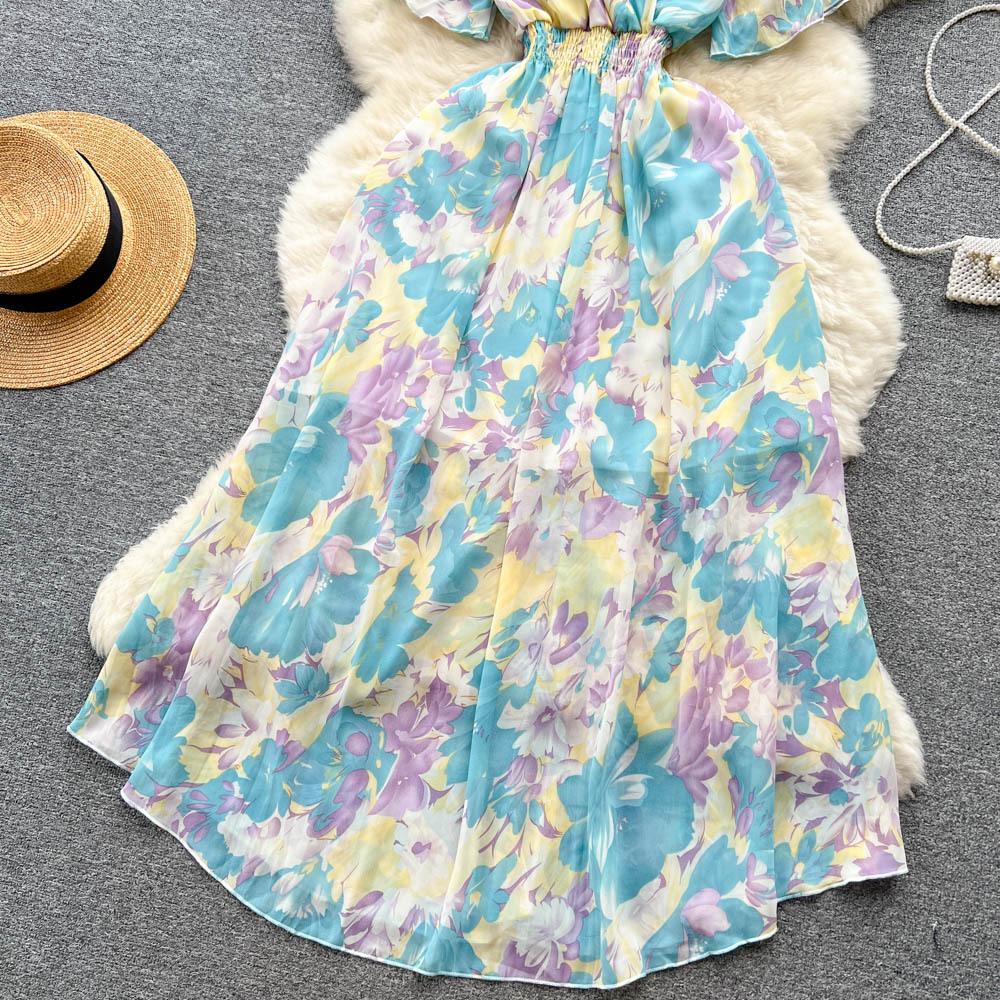 Women Chiffon Floral Long Dress Korean V-neck Short Sleeve A-line Party Dresses Summer Bohemian Style Beach Vestidos