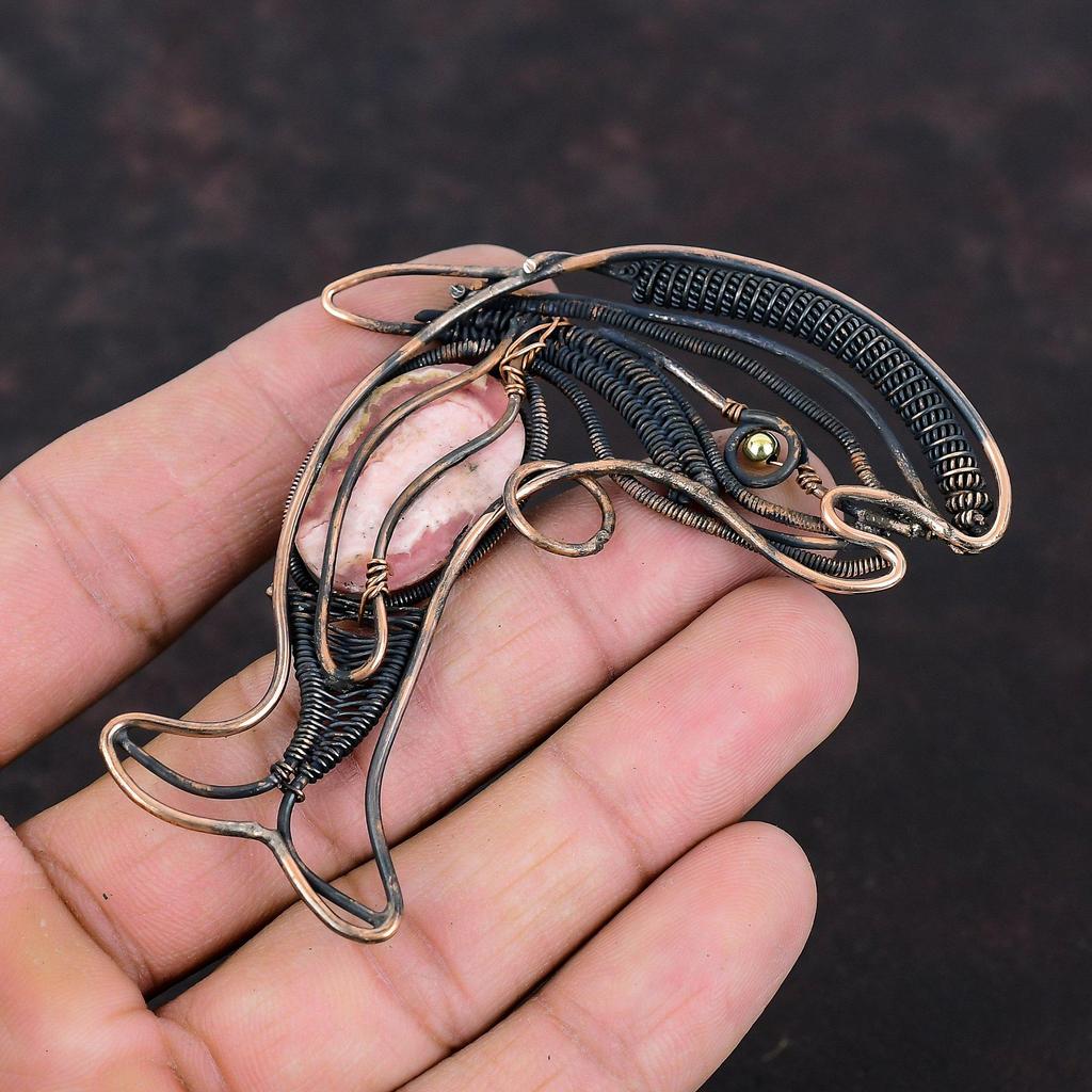 Rhodochrosite Pendant Copper Wire Wrapped Gemstone Pendant Wonderful Fish Pendant Unique Copper Design Jewelry Gift For Mom Handmade Jewelry
