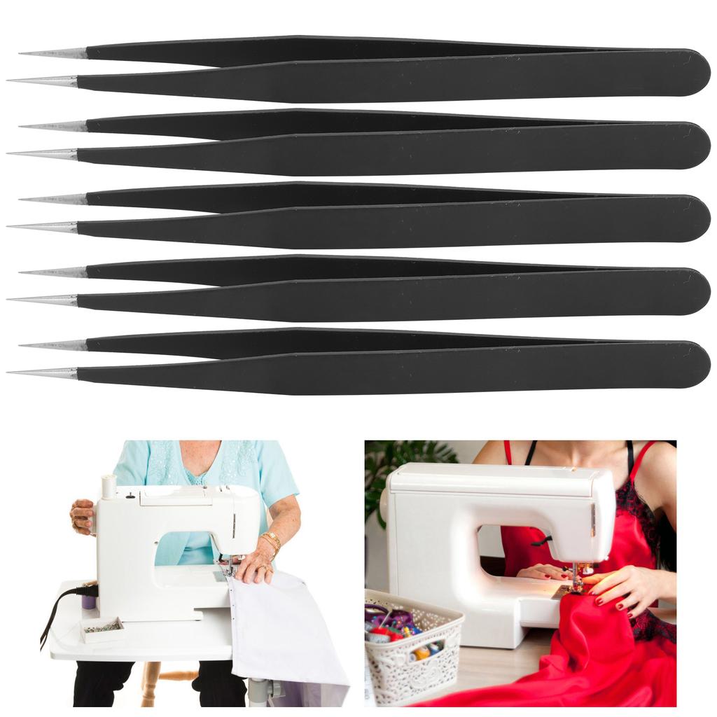 5Pcs Tweezers Stainless Steel AntiStatic Nipper Picking Tool Sewing Accessories Black(Straight Head )