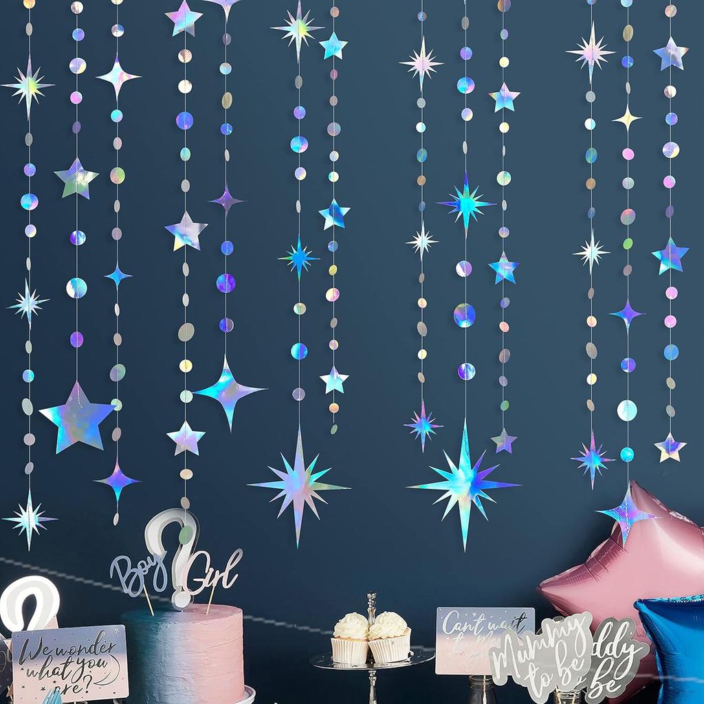 Iridescent Party Decorations Star Circle Dot Paper Garland Banner Bunting Streamer Metallic Hanging Twinkle Star Decoration for Kids Birthday Baby