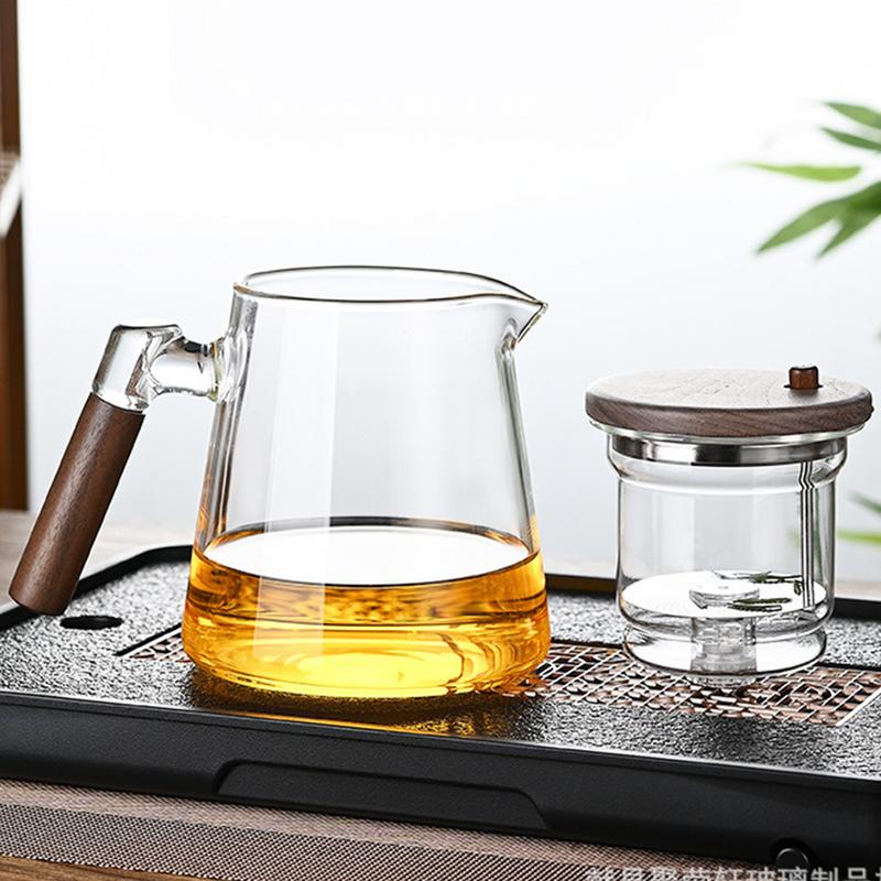 Ceainic de 750 ml pentru ceai vrac pentru separarea apei din ceai, ceainic din sticlă Enchantipot cu control al presiunii, ceainic cu mâner din lemn