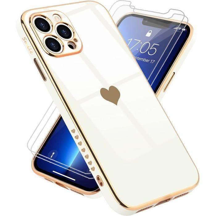 Coque Pour iPhone 13 Pro (6,1") Blanc Lot 2 Verres Trempés Galvanisé Or Luxe TPU Motif coeur Anti-Rayure Amour-Mignon