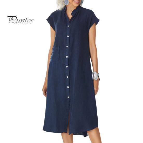 

Летнее платье миди с воротником-стойкой, застежкой на пуговицы, коротким рукавом, свободным платьем длиной до икры, однотонное повседневное платье с карманом S темно-синий