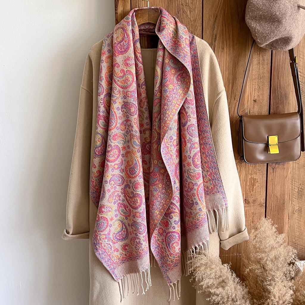 Modischer Warmer Kaschmirschal für den Winter - Damen-Fransen-Vintage-Blumen-Ölgemälde-Druck-Pashmina-Dicker Schal & Poncho