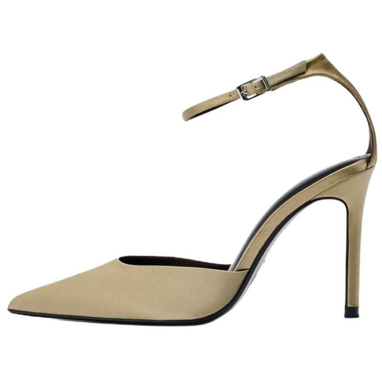 ZARA Satin Pointed Toe Ankle Strap Pumps Khaki Womens 1236610069 36
