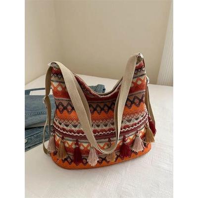 Vintage dámská kabelka s střapcem, etnická ručně tkaná crossbody pro dámu, hippie kabelka přes rameno