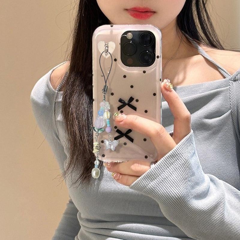 Unique Butterfly Phone Charm Fashionable Decorative Bead Keychain Lanyard Bag Pendant Accessory for Women Girls