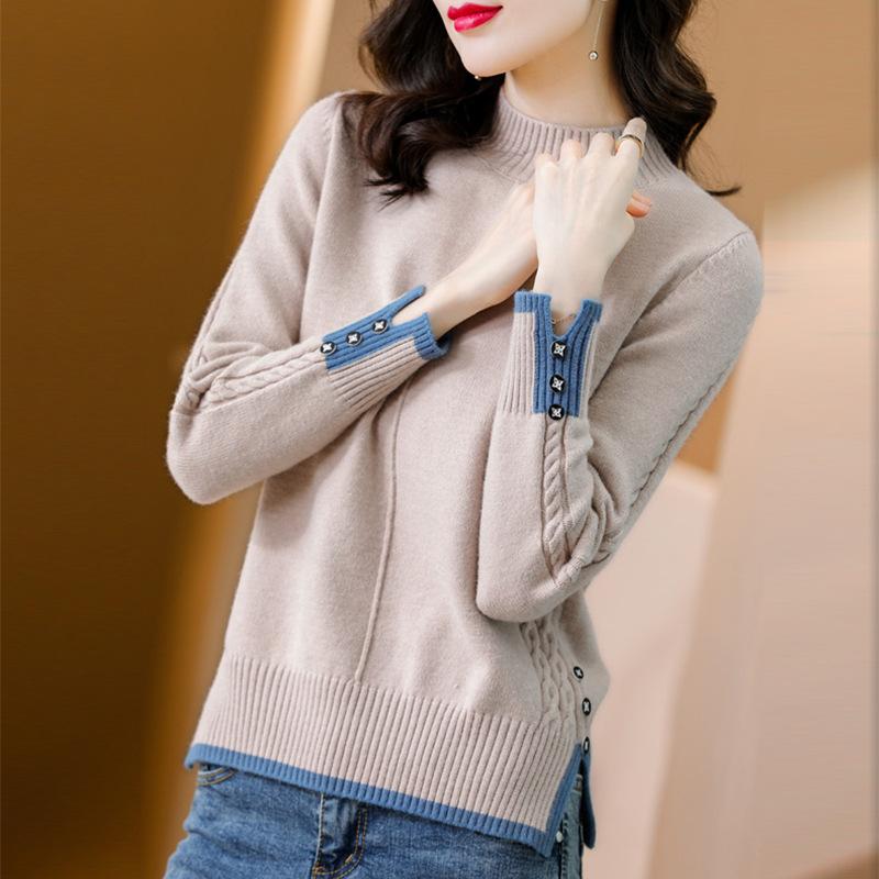 Half High Neck Sweater Split Hem Design Women's Knitted Pullover Casual Solid Color Sweater Harajuku Commuting Autumn and Winter