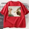 Funny Cat God Creation Of Adam Meme Tshirt Unisex Unisex Casuals Short Sleeve Jesus T Shirt Oneck Tshirt Cotton Vintage Tees