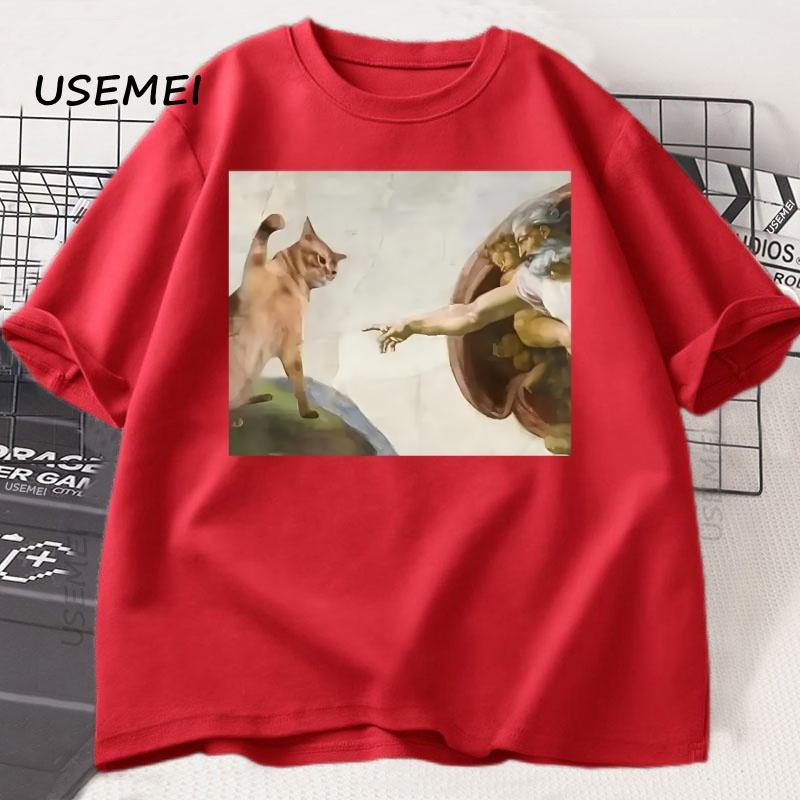 Funny Cat God Creation Of Adam Meme Tshirt Unisex Unisex Casuals Short Sleeve Jesus T Shirt Oneck Tshirt Cotton Vintage Tees
