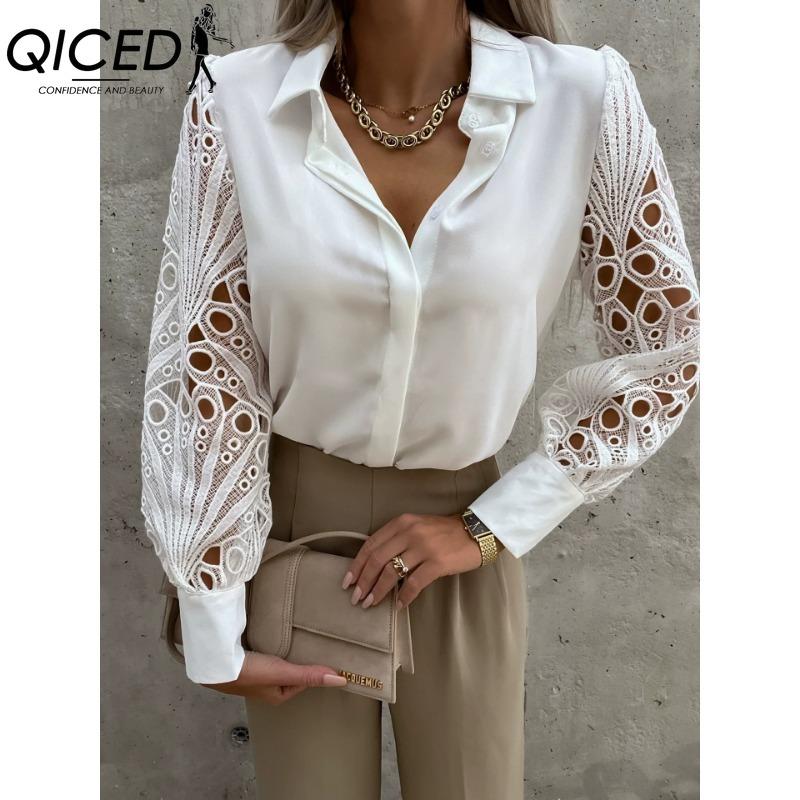 

QICED Женская Мода Повседневный Однотонный Принт Длинный Рукав Воротник ПОЛО Блузки и Рубашки XXL белый