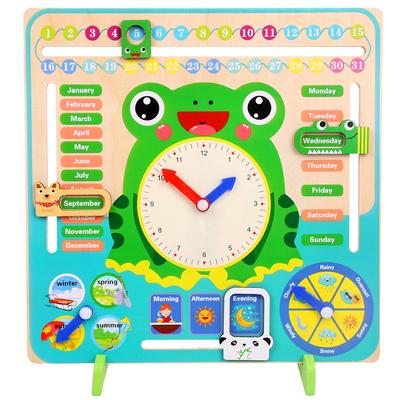 7 i 1 Baby Trä Tecknad Groda Kalender Klockset Träkalender Tid Kognitiva Matchningsleksaker Barn Tidig Inlärning Utbildningsleksaker