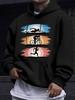 American Western Style Unisex Autumn Winter Print Hooded Long Sleeve Sweatshirt, Triathlon Swimming Cycling Running Silhouette Print Hoodie, Sporty Ca