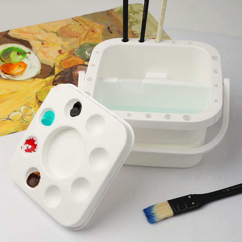 Multifunctional Square Watercolor Palette Bucket - Portable Art Box with Built-in Pen Washer, Compact Travel Painting Supplies F