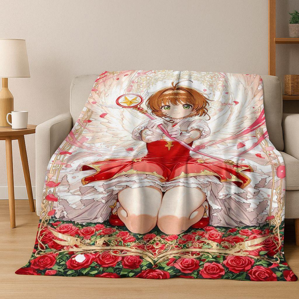 Cute Cartoon Card Captor Sakura Magic Girl Anime Art Flannel Blanket,Cozy Soft Throw Blanket for Home Bedroom Bed Sofa Cover Kid