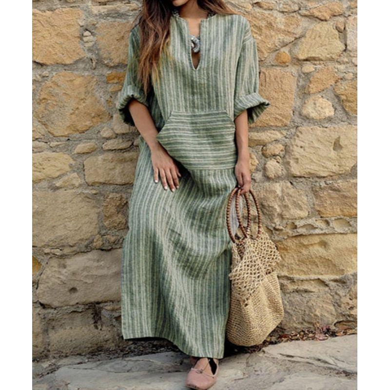 

Casual Striped Loose Jumpsuit Long Skirt Casual Stripes Loose Long Dress Green M