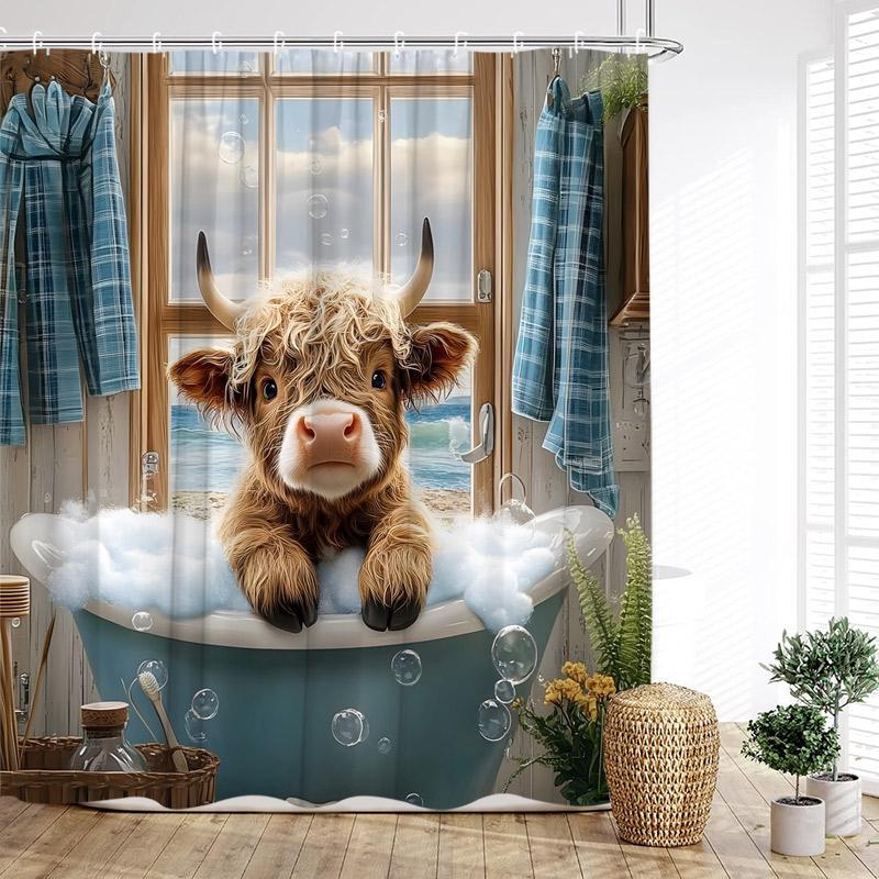 Funny Bathing Highland Cattle Shower Curtains Blue Bathtub Bath Curtain Window Ocean Landscape Bathroom Decoration with Hooks