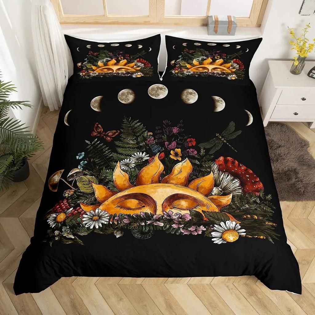 Duvet Cover Set Golden Sun and Moon Boho Mysterious Color Home Decor Bedding Set Adults Gifts with Zipper Decorative Quilt Cover