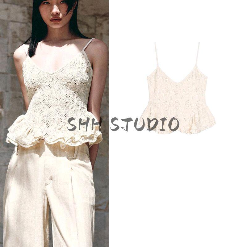 Summer New Product Women's Clothes Sweet Style Cut Out Embroider Short Skirt Hem V-neck Strap Tops 0085159