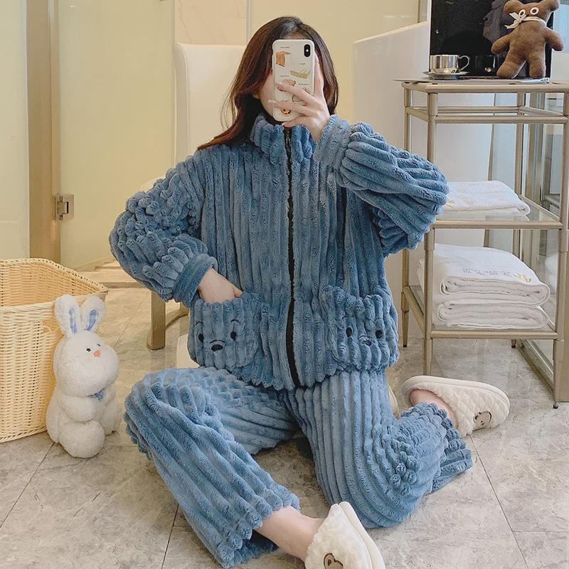 Pyjama d'hiver pour femme grande taille en velours corail et jacquard - Vêtement d'intérieur doux et confortable (Jusqu'à 200 livres)