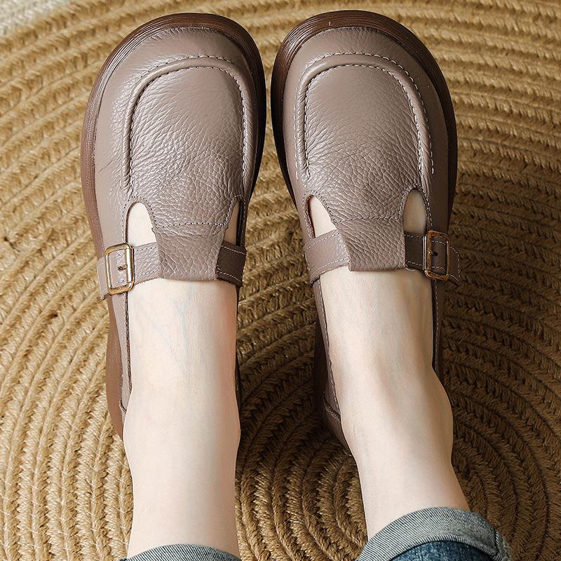 Fashion New genuine leather buckle flats women's T strap moccasins college girls school shoes uniform office flats woman concise loafers