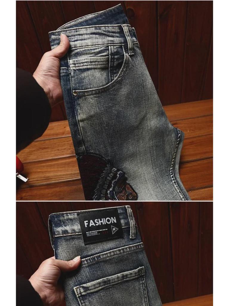Men's Trendy Elastic Slim Fit Ripped Embroidered Jeans for Spring and Autumn High-Street Style