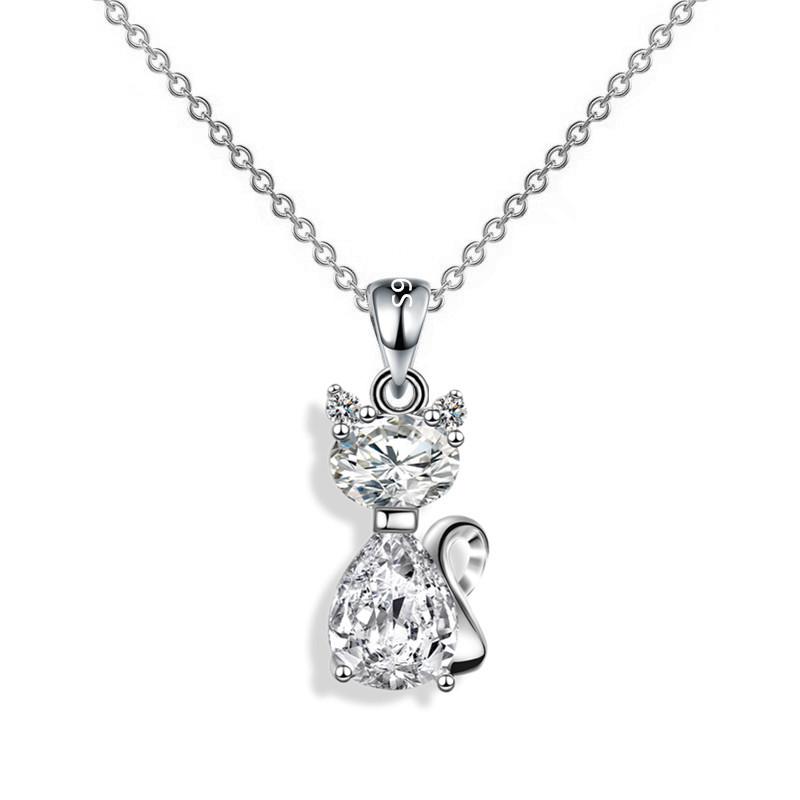 Aqua Blue Pink White Zircon Small Cat Pendant Cute Animal Necklaces For Women Trendy Silver Color Chain Necklace Wedding Jewelry