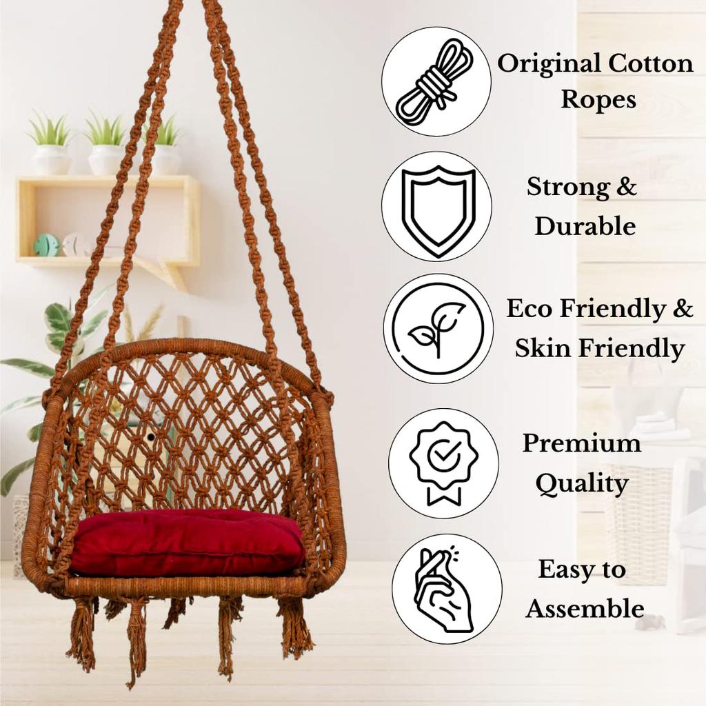 D-förmige Holzschaukel aus Baumwolle/Jhula für Erwachsene/Jhoola/Schaukel für den Innenbereich/Inklusive Aufhängeset und rotem Kissen (Braun)
