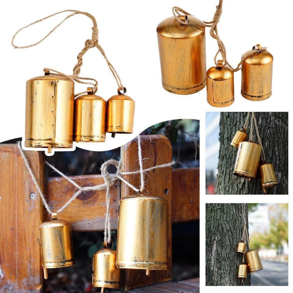 Christmas Bell Decoration, Set Of 3 Christmas Bell Brass Cow Shabby Style Rustic Metal Hanging Giant Cow Bells Decor Gold