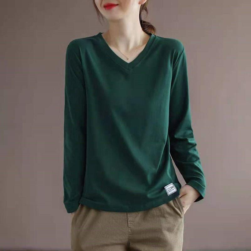 Autumn Solid Loose Casual Long Sleeve T-shirts Vintage Tops Women V Neck Aesthetic Chic Pullovers All Match Female Clothes