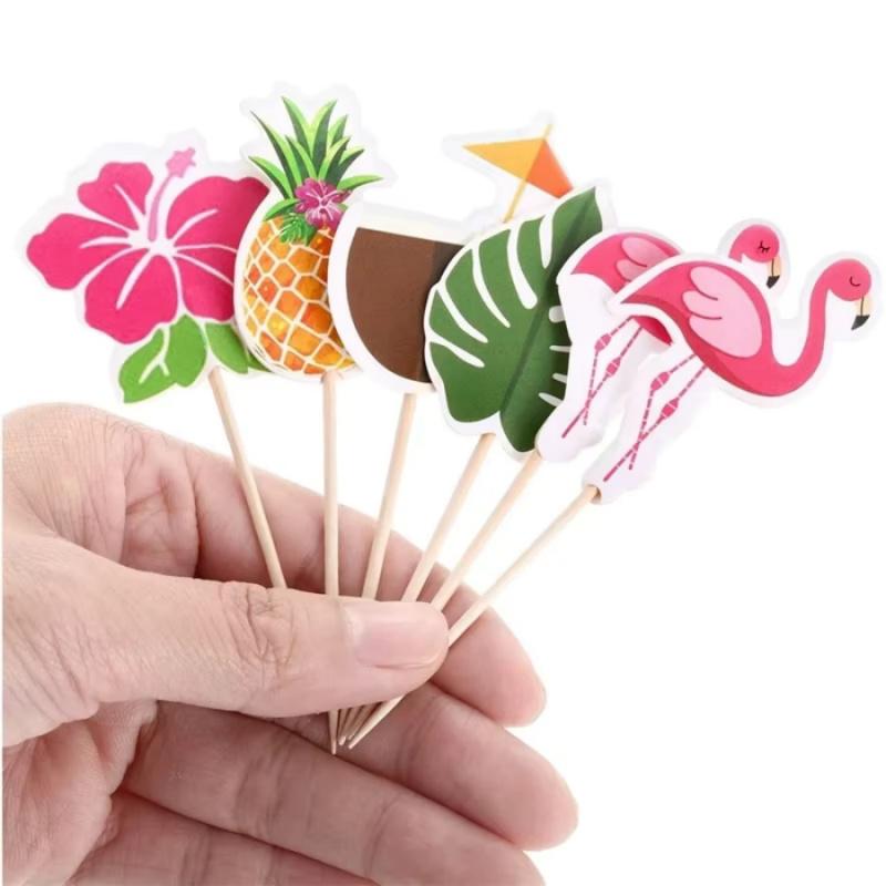24pcsHawaiian Party Cake Toppers Flamingo Pineapple Flower Cocktail Decoration Picks Party Fruit Bamboo Skewers