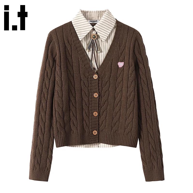 CHOCOOLATEit Women s School Style Faux 2-Piece Cable Knit Cardigan One Size