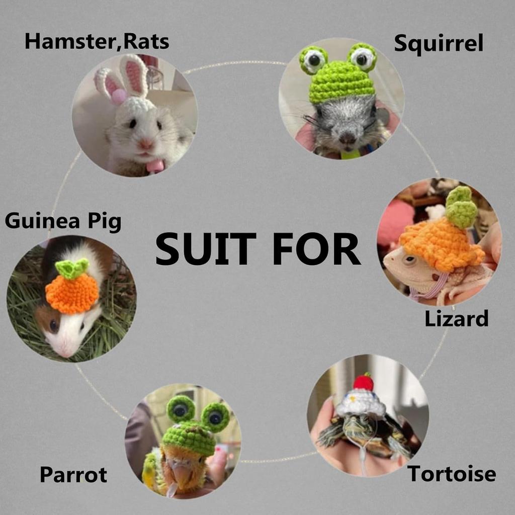 11pcs Hamster Hat, Cute Tiny Mini Hat, Hand Knitted Small Animal Hat and Hand Woven Traction Rope Set for Pets Lizards Hamsters Guinea Pig Holiday