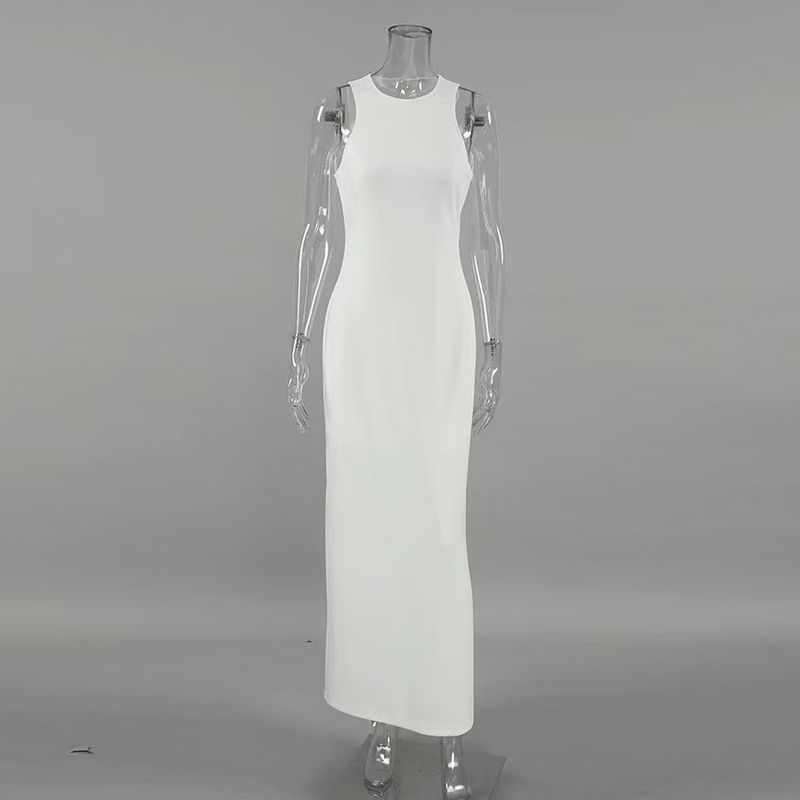 

New French style Fashion Slim fit round Neck Sexy Slit Dress round Neck Neck Sexy Slip Dress White S