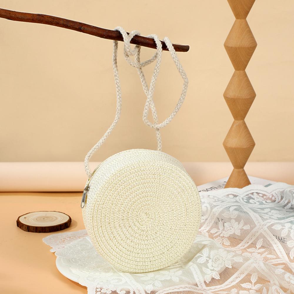 Summer Cute Large Straw Bag Woven Bag for Women, New Seaside Beach Straw Woven Small Round Bag, Mobile Phone Bag, Crossbody