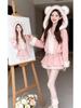 Dicke Rosa Blumen-Kapuzenjacke & Rock Set für Damen - Herbst/Winter Schulstil