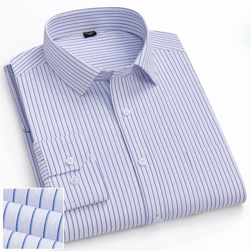 6XL Work Blue White Shirt Long Sleeves Men Formal Shirt Long Sleeve Office Solid Color Classic Striped Fashion Business Pocket